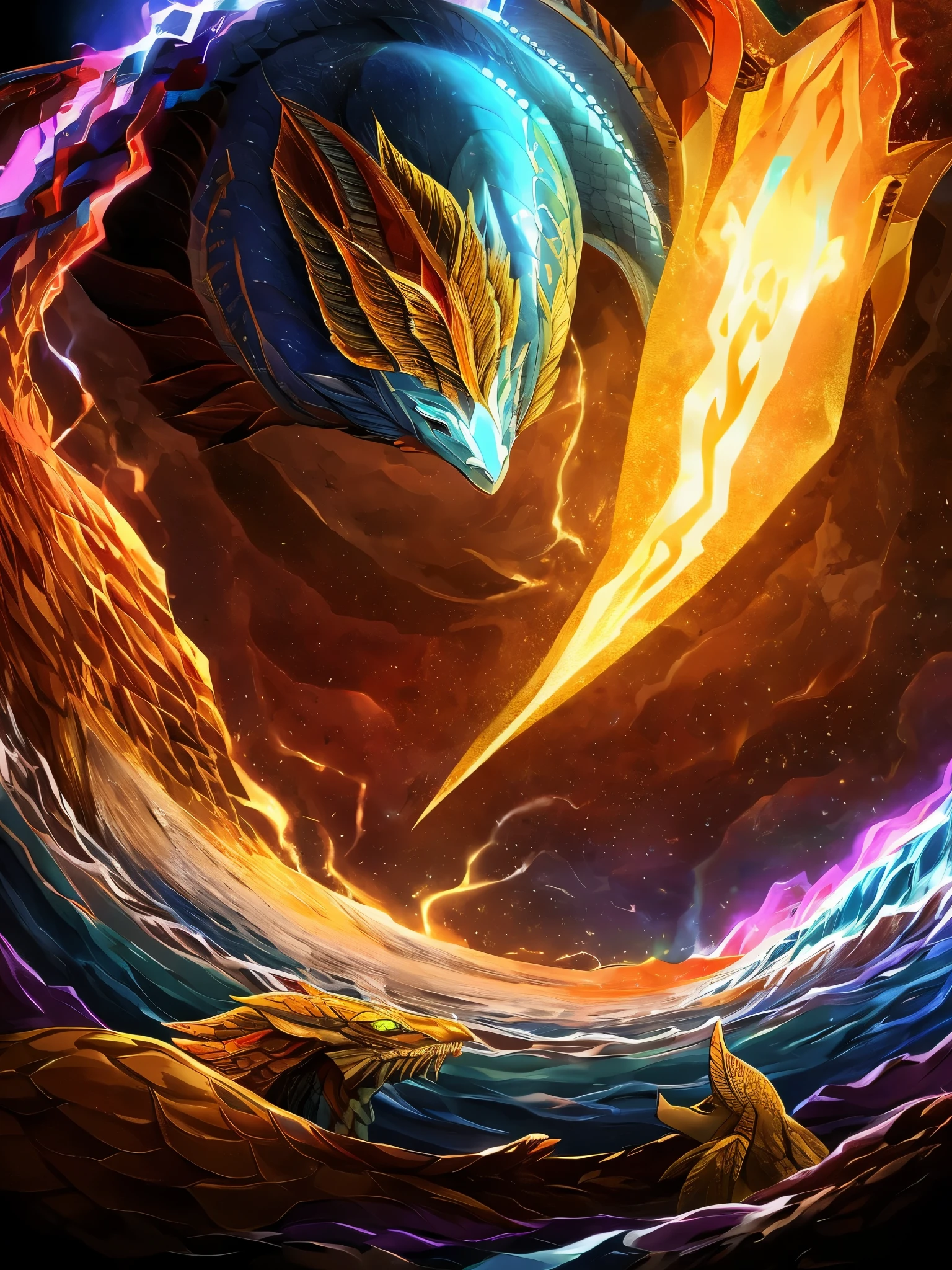 Leviathan Aquaticus : 1. Appearance and Features:Head and Eyes:The head of Leviathan Aquaticus continues to resemble that of an aquatic dragon., mas agora seus olhos azuis profundos possuem um brilho doradas, as if they were lit by an inner flame. This glow reflects a combination of wisdom and confidence., indicating a person with a clear and noble vision of their goals.cos:O long and serpentine body, which represents the mental and emotional flexibility of the Gemini Ascendant, agora exibe escamas iridescentes que variam entre o azul claro e o doradas. The golden color runs the entire length of the body, especially in areas most exposed to light, giving the creature a radiant, almost celestial appearance.Fins and Tail:The fins and tail remain broad and graceful., mas agora, besides the bluish hue, elas possuem um contorno doradas que brilha intensamente quando a criatura se move, representing the grandeur and leadership influenced by the Moon in Leo. This glow also symbolizes his ability to illuminate and guide., whether in your relationships or in life in general.2. Colors and Texture:light blue, Unripe, and gold:While light blue and green represent serenity, balance and growth, o doradas adiciona uma dimensão de nobreza, power and optimism. This unique combination suggests a person who not only seeks stability, but who also shines brightly in his endeavors, reflecting the self-confidence and charisma you naturally exude.Silver and Gold Iridescence:As escamas iridescentes agora alternam entre Plata e doradas, symbolizing the harmony between introspection (Plata) and expansion (doradas). This texture suggests a multifaceted personality, able to balance both emotional depth and ambition.3. Symbolism and Behavior:Majesty and Leadership:O Leviathan Aquaticus, now with its new golden features, not only exudes wisdom and serenity, but also an aura of leadership
