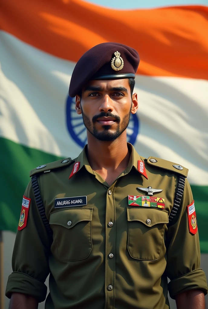 A 20 years old healthy and handsome men who wearing a NSG dress on which Anurag Kumar is written and there is a Indian flag behind on which Vande Mataram is written