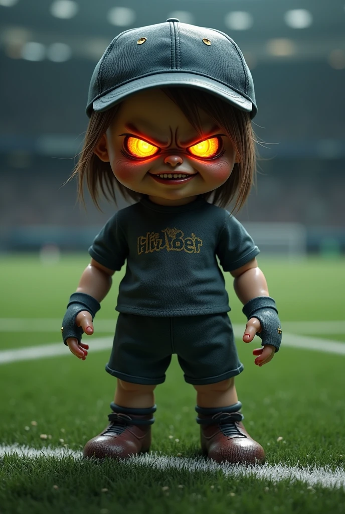 Make an image of a doll , with a backward cap and eyes shooting fire and angry, on a soccer field