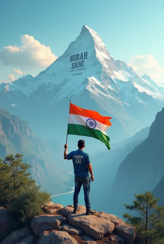 "Create a 3D illusion of a majestic mountain with the words 'NORAH SHINE' engraved in large, bold letters on the mountain's top. At the forefront of the image, a 30-year-old man stands proudly, holding the Indian national flag high. He is facing the mountain, and on the back of his t-shirt, the name 'SHADMAN' is clearly visible. The scene is set on 15th August, with 'Happy Independence Day' subtly incorporated into the background, blending with the natural elements to enhance the celebratory atmosphere."