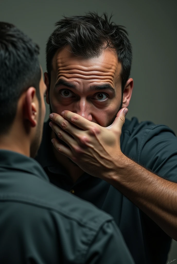 (photorealism: 16:9) A man has his mouth shut by another and is left wide-eyed 