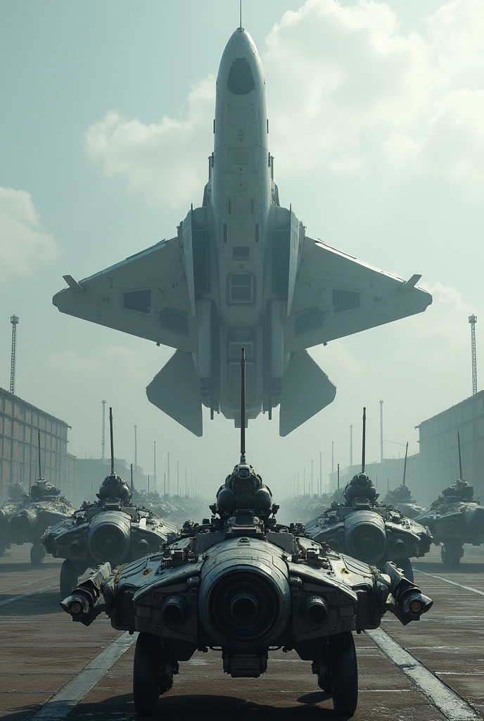 Create a YouTube image of military aircraft equipment. Mosil. spike. Rocket Launcher. War Chariots. Satellite.