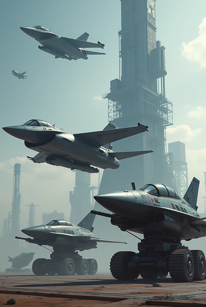Create a YouTube image of military aircraft equipment. Mosil. spike. Rocket Launcher. War Chariots. Satellite. 