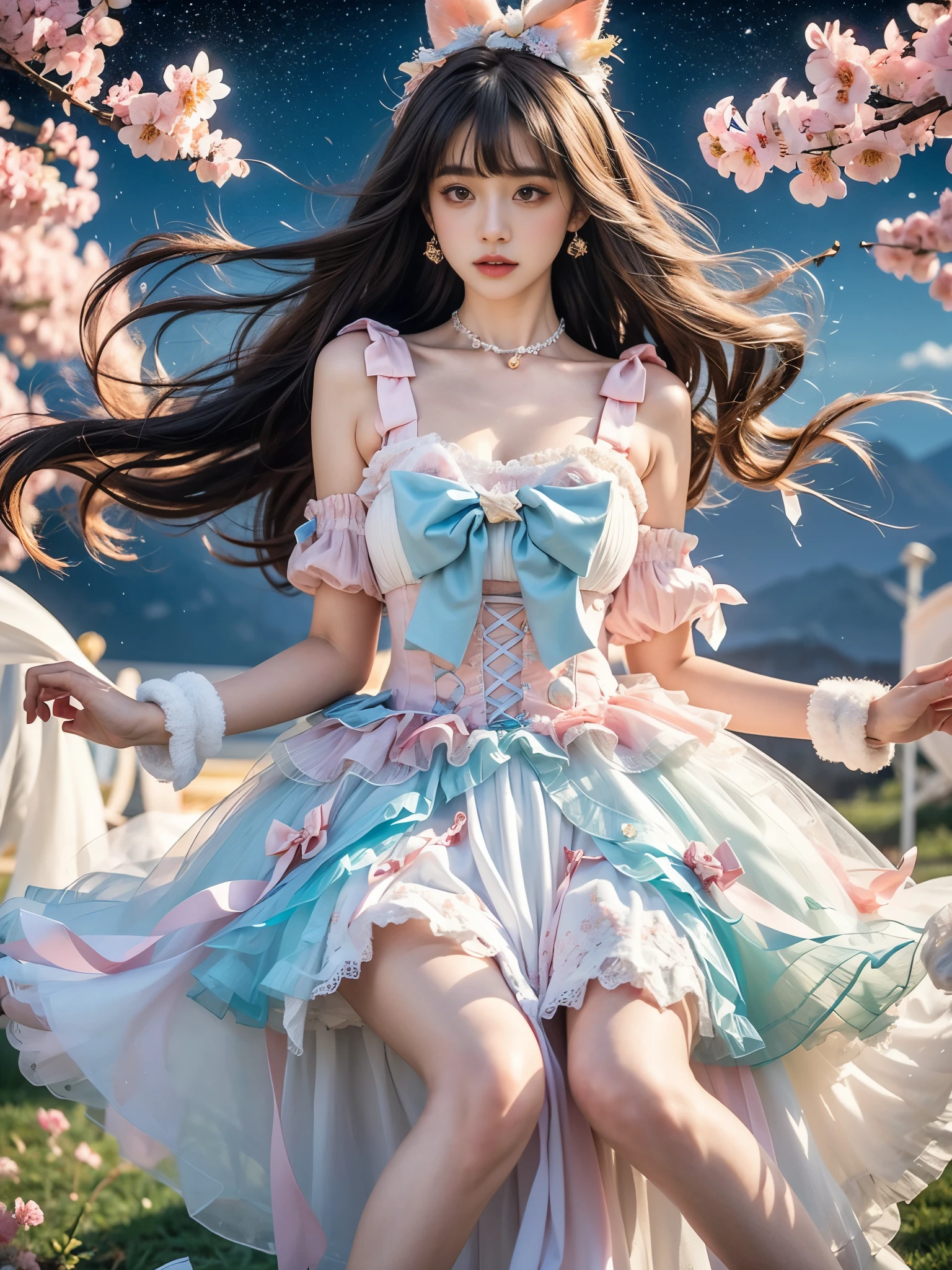 sweet_Lolita ((whole body)), Multi-colored hair,Striped hair,Cross Bangs,Messy hair,Colored contact lenses,Flower-shaped pupil,make up,shy,Blush,Parted lips,Heavy breathing,moan,torogao,Surrealism,Realism,Movie Lighting,Relief,Sony FE GM,Retina,masterpiece,precise,Anatomically correct,Textured Skin,Super Detail,High Detail,best quality,Beautiful dance dynamics, Long legs , Random scenes,Random shooting angles, ((Flowing long hair))Official Art , ((Bright pastel colors)), Unity8k Wallpaper , Extremely detailed , Visible cleavage, Pretty and beautiful , Sexy long legs, masterpiece , best quality ,Practical, Very detailed illustrations ,Extremely detailed , Intricate details , Extremely complex and detailed , Very detailed 8KCG wallpaper , Caustics .reflection , Ray Tracing , Devil Theme ,nebula ,Dark aura, Network Effects , (1 Girl)Solitary , (Blue plasma flame , Pastel tones in Rococo style ,light white and light red , Incredibly beautiful , Cherry blossoms ,painting , Ethereal , Mixing reality and fantasy elements, Complex patterns , Delicate lines, Starry Sky , rich and colorful , Star