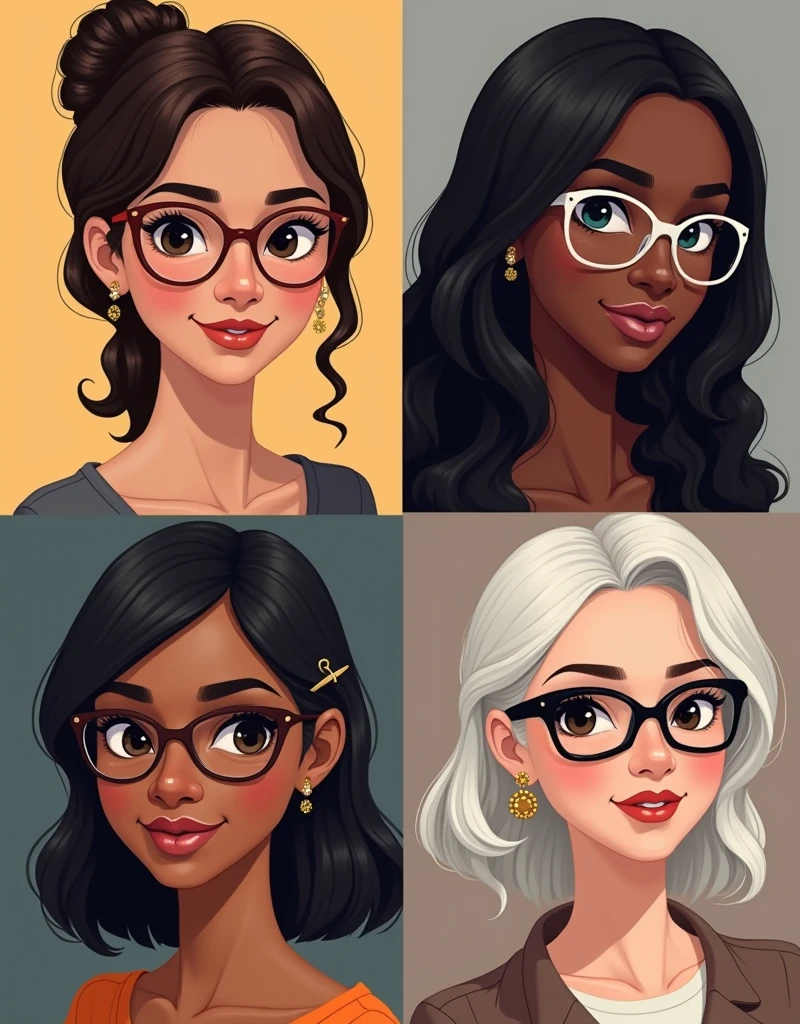A young woman wears square brown glasses, full lips and smiling is the lowest among the 3, brown hair in a side braid. The second woman wears round white glasses, fine lips, black skin black hair, curly and long. Third, Caucasian skin, black cat-eye glasses, straight shoulder-length hair, black and with a clip, small lips. Fourth, high face of older woman, Black Square Glasses, skin fair, earrings on the ears, light-makeup.