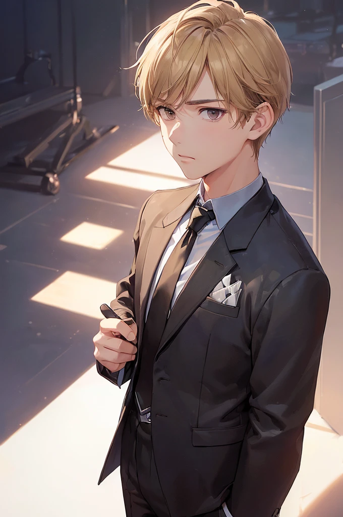 (((masterpiece; best quality: 1.2))), (detailed eyes: 1.3), ((1 male teen)), ((solo)), (brown eyes: 1.4), (body shape; lean, masculine, manly: 1.3), (short blond hair: 1.3), (clear background: 1.2), ((depth of field)), (equipment: male school uniform + black jacket + black necktie + white shirt: 1.3), (anime illustration: 1.2), (background composition; japanese highschool classroom + furniture: 1.1), (handsome: 1.1), (shot composition; standing + centered on face + close-up: 1.5), (facial expression; calm + stoic: 1.2)