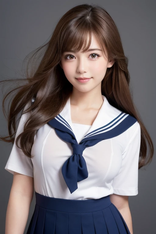 One person, 8k,smile, Simple Background, High resolution, Highest quality, High-resolution model, High detail, Japanese、Gaze、Large Breasts, Big Breasts、Brown Hair, Long Hair, School、classroom、Sailor suit