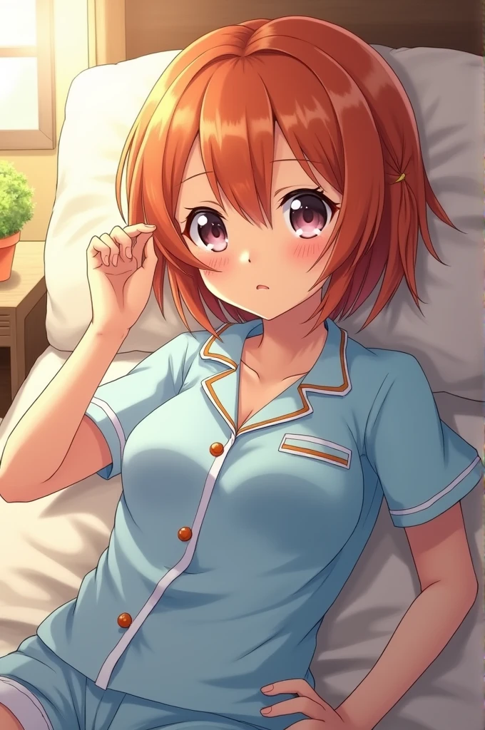 Nami from one-piece, 1women, wearing a cute night pajamas, light blue colour pajamas, at morning bed, orange colour short hair, 8k, high detailed, high quality
