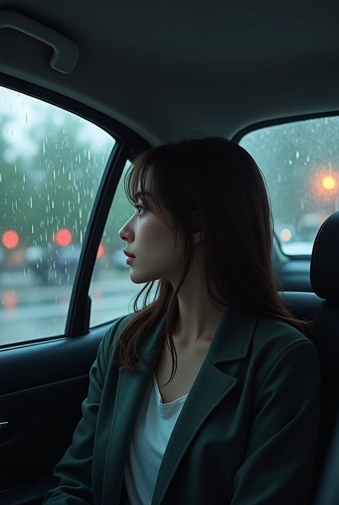 Brunette woman sitting in the back seat of a car, rainy day, watching the street,