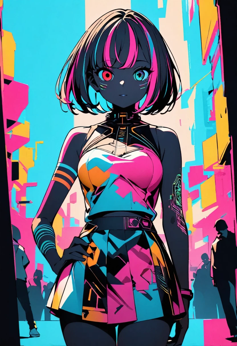 (high quality, 8k, 4K, High Contrast, masterpiece:1.2, 最high quality, Best aesthetics), (Dynamic Angle), girl、slim:1, Bright colors、Beautiful lip detail、extra short hair, ((bob cut:1.5))、pink and purple, ((streaked hair:1.9)), (highlights hair: 1.6), heterrochromia, green eye, red eye, slim body, (medium breast:0.7), (Floral Fineline tattoo design on left arm:1), (tan skin:0.2), Mini dress, (cyber punk:0.1, Flat Color:0.1, Colorful art:0.3, Looking at the audience, Colored Background, High Contrast, Contrasting colors), Cowboy Shot,