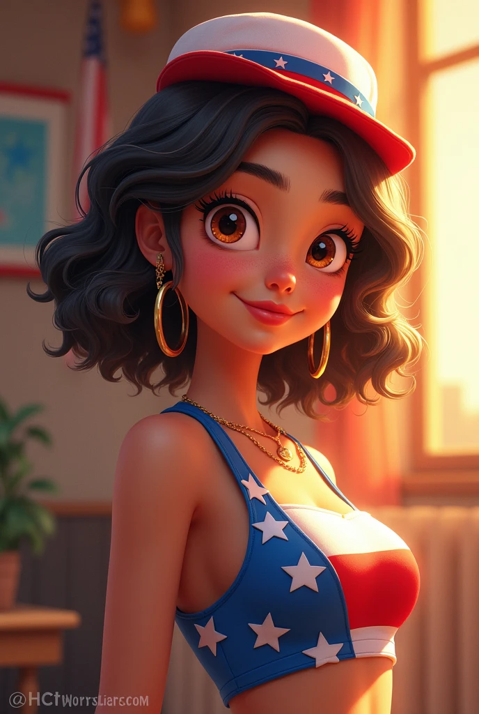 A chubby girl in patriotic clothes, brown eyes cinnamon skin, and with the name Lizzete besides that she is smiling