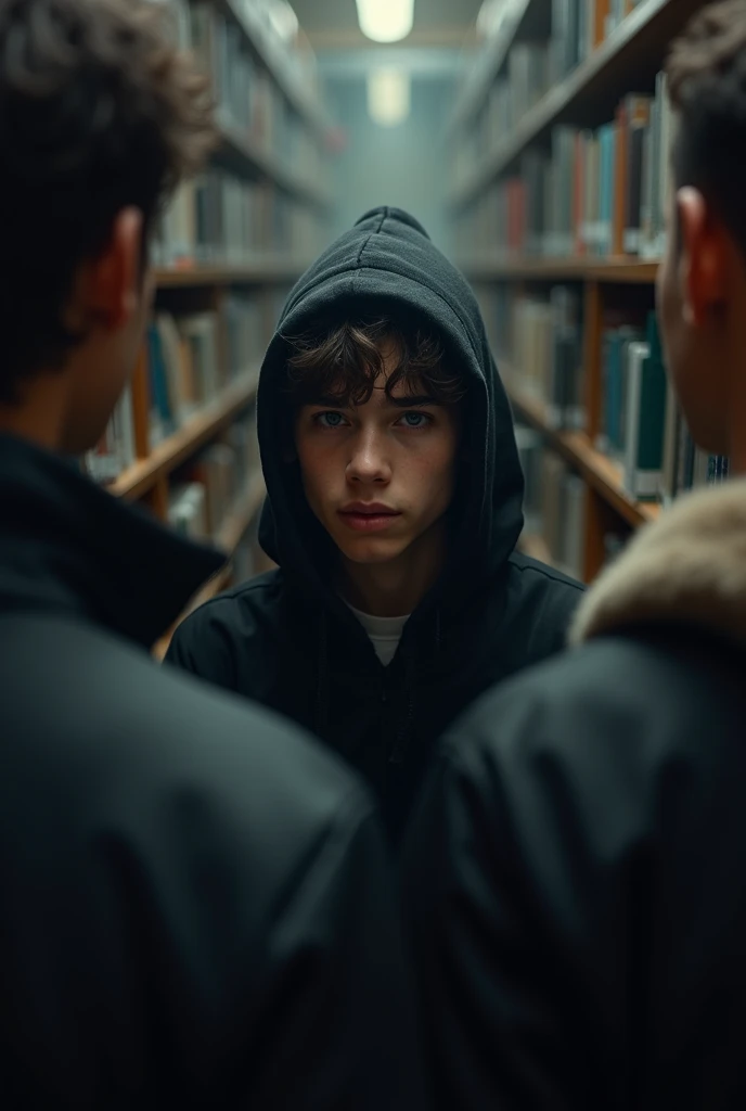 (Cinematic photo:1.3) , (highest quallity、tabletop、8k、best quality image、hyperrealistic realism) male teenager, belo male teenager, wearing a black coat with a hood on his head, detailded, long hair, looking at two men, Grieving, em uma biblioteca Fotografia Digital UHD Altamente detailded texture, realistic texture, digitalpainting, highly detailed shot