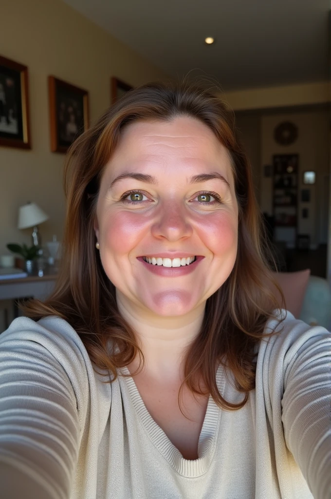 A realistic chubby British woman at home selfie