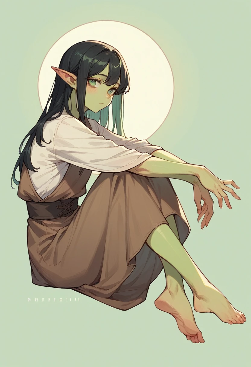 A small Goblin Woman with sleek black hair and green skin, eyes closed, mouth open, gasping in orgasm, tied up, helpless, lying on her back, on the ground inside a rocky cave, she is naked, she has manacles around her wrists and ankles, her feet are bare, her chest is bare, her small curvy breasts are visible, her cunt is visible, her skin color is green, she has pointed ears and sharp teeth, her wrists are tied with rope behind her head and ankles are tied together with rope, legs spread, some thick white fluid coming from her cunt, cunt visible, skin green, in full view in high quality
