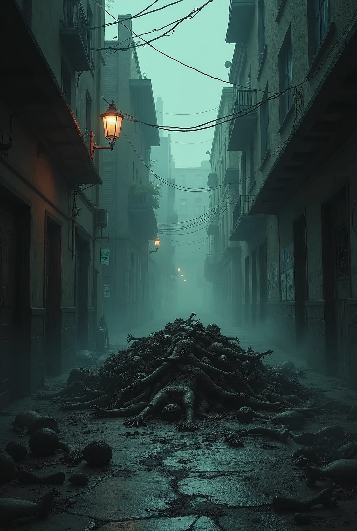 Can you make a cover for a zombie book with these things:

A back alley with a faint light from a street lamp that is illuminating a pile of corpses. At the top, the title should be "There is no light" and at the bottom it should say "On the outskirts of the city".