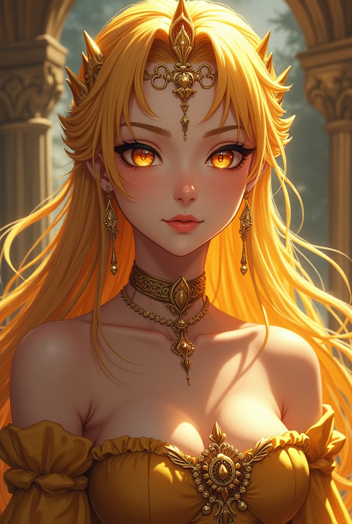 an anime character with a queenly countenance and golden skin
