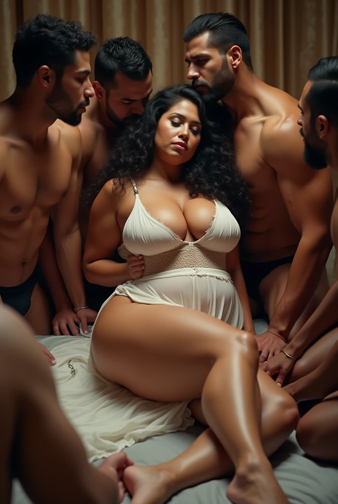 Day scene, full body photo of a plus sized 23 year old indian with a man from top view, (Masterpiece, Best Quality, High Resolution), (cum Splash on her face, cum Splash on her breasts and puzzy, Splash of cum on her vagina, cum Splash on her gown, cum Splash on her eys), Sweet 35 year old very beautiful South indian teacher gray cream colour gown sitting on a office chair ( both legs spreaded to both sides) surrounded with a group of naked men, hour glass body red lips, lightly makeup,ultra realistic, realistic, look at viewer (cinematic:1.3), intricate details,