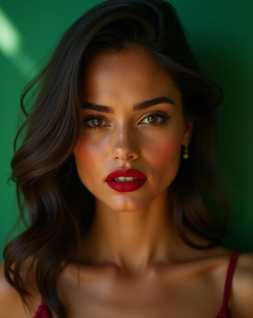 hermosos labios rojos, perfectos rostro perfeto de una mujer Latin woman with dark skin and chocolate color eyes looking at viewer, emerald green color, seductive, balanced, perfect beauty, (best quality,4k,8k,highres,masterpiece:1.2),ultra-detailed,(realistic,photorealistic,photo-realistic:1.37),oil painting,cinematic lighting,dramatic contrast,chiaroscuro,warm color palette