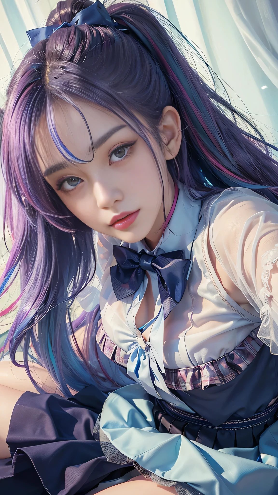 ((Girl lying on bed))、beauty、 one person's、alone、Long Hair、Audience、hair ornaments、、gem、Gray Hair、shut up、Blunt bangani cure、bracelet、lips、Grey Eyes、Portraiture、Red nails、close、赤いlips、Put your hands on your face、Put your hand on your cheek、()、(Glowing Skin)、((Outside the window, a skyscraper is hazy)),(Sleep with your legs slightly spread apart),((White panties are visible)),
Realistic, High resolution, Soft Light,1 Female, alone, (Detailed face),(Female student), jewelry,((Hair with blue mesh))、((TranslucentWet、White blouse、Loose red bow tie、Check skirt))、style,(Medium sized breasts), Long Hair、((ponytail))、((Lift-up skirt))、((mix4))、((Colorful colored hair)),((Underwear is visible)),((She's wet)),,(smile),