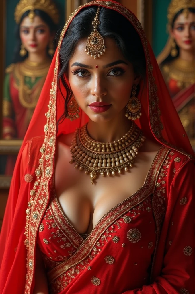 Girl,((Large Breasts:1.3)), (Wear a bright red Arabian Nights-style costume:1.2), (veil), Very beautiful Indian idol portraits, (RAW Photos, Highest quality), (Realistic, Realistic:1.4), (masterpiece), Very delicate and beautiful, Very detailed, 2k wallpaper, wonderful, finely, Very detailed CG Unity 8K wallpaper, Very detailed, High resolution,