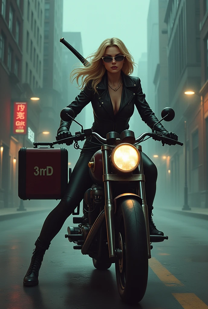 Mafia girl  blonde hair wearing leather jacket and suitcase name Cay 3rd letter style on it.and eyeglasses,
Boots,and the other hand have samurai the background of mafia building fogy street riding on the big bike