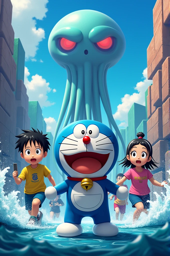 A cover photo of Nobita and friends playing Squid Game