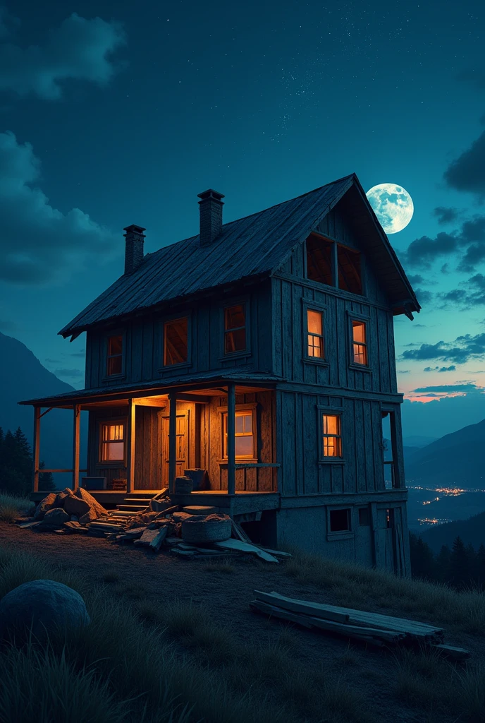 House under construction but at night
