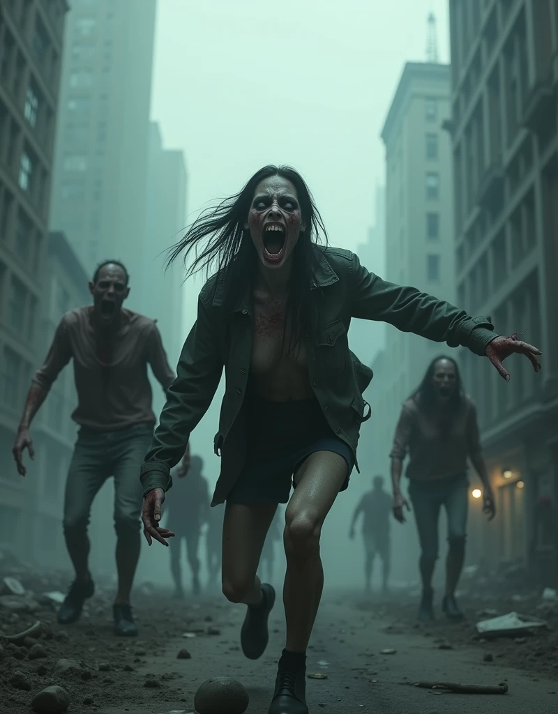 a group of zombies wandering through a foggy, mysterious New York City, Manhattan, female zombie attacking the camera, (best quality,4k,8k,highres,masterpiece:1.2),ultra-detailed,(realistic,photorealistic,photo-realistic:1.37),dark fantasy,horror,moody lighting,dramatic shadows,cinematic composition,dystopian,desolate city,eerie atmosphere,dense fog,gloomy,ominous,haunting,unsettling,abandoned buildings,crumbling architecture,mysterious,supernatural,undead,gruesome,creepy,unsettling,muted colors,deep shadows,dramatic lighting