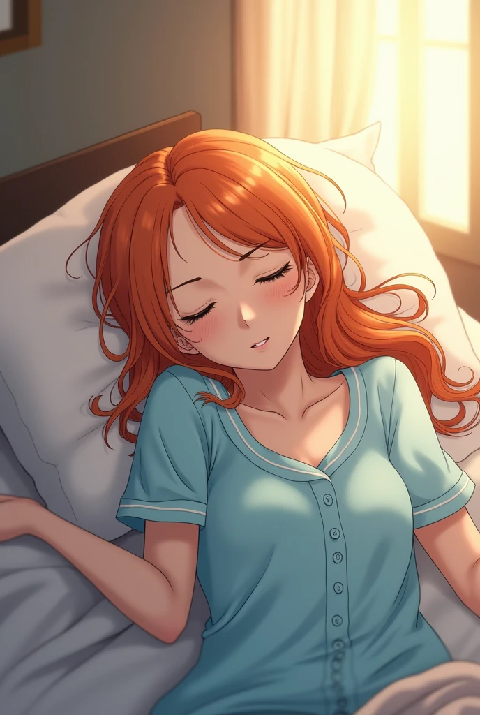 Nami from one-piece, 1women, wearing a cute night pajamas, light blue colour pajamas, at morning bed, orange colour short hair, 8k, high detailed, high quality