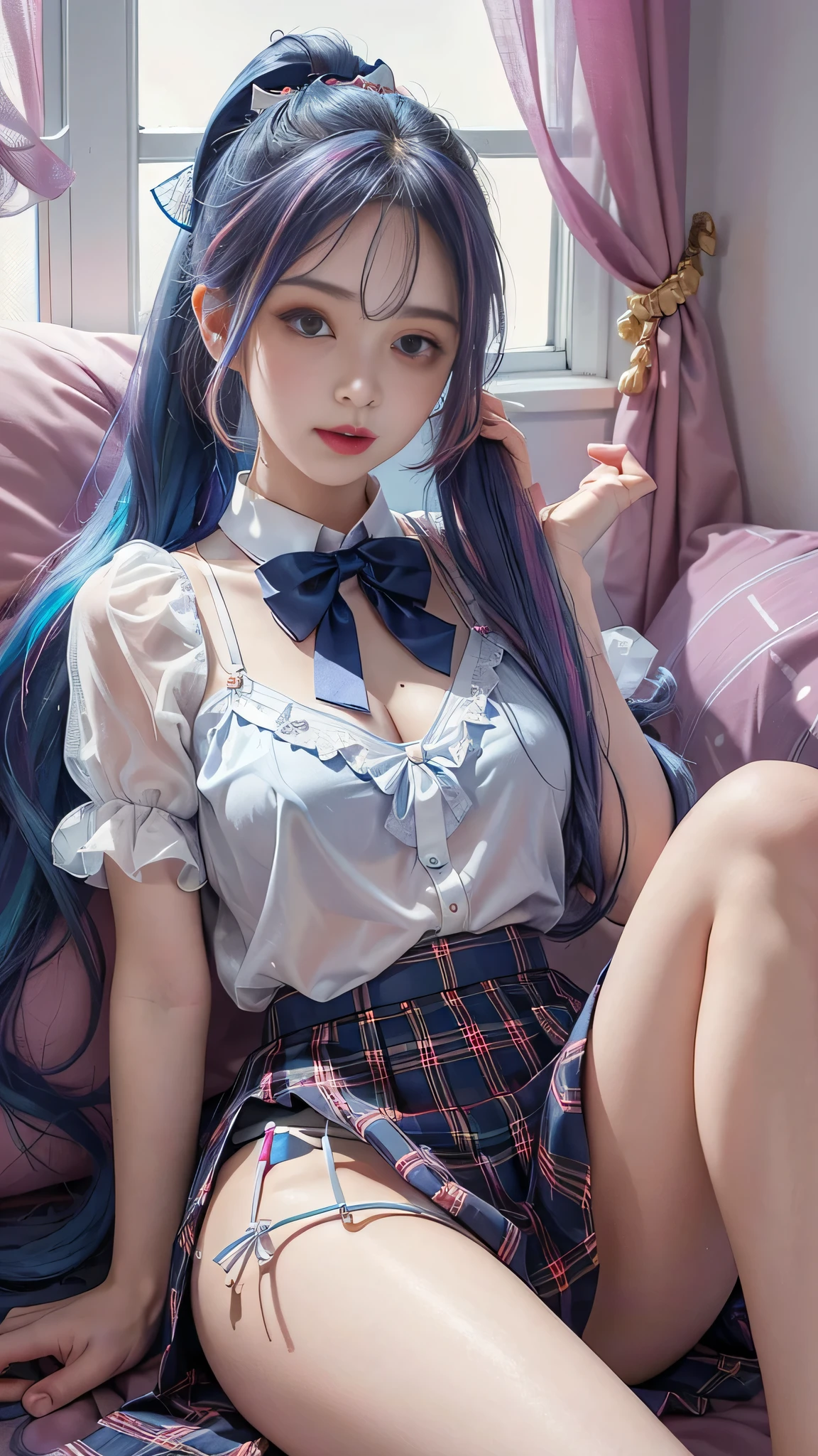 ((Girl lying on bed))、beauty、 one person's、alone、Long Hair、Audience、hair ornaments、、gem、Gray Hair、shut up、Blunt bangani cure、bracelet、lips、Grey Eyes、Portraiture、Red nails、close、赤いlips、Put your hands on your face、Put your hand on your cheek、()、(Glowing Skin)、((Outside the window, a skyscraper is hazy)),(Sleep with your legs slightly spread apart),((White panties are visible)),
Realistic, High resolution, Soft Light,1 Female, alone, (Detailed face),(Female student), jewelry,((Hair with blue mesh))、((TranslucentWet、White blouse、Loose red bow tie、Check skirt))、style,(Medium sized breasts), Long Hair、((ponytail))、((Lift-up skirt))、((mix4))、((Colorful colored hair)),((Underwear is visible)),((She's wet)),,(smile),