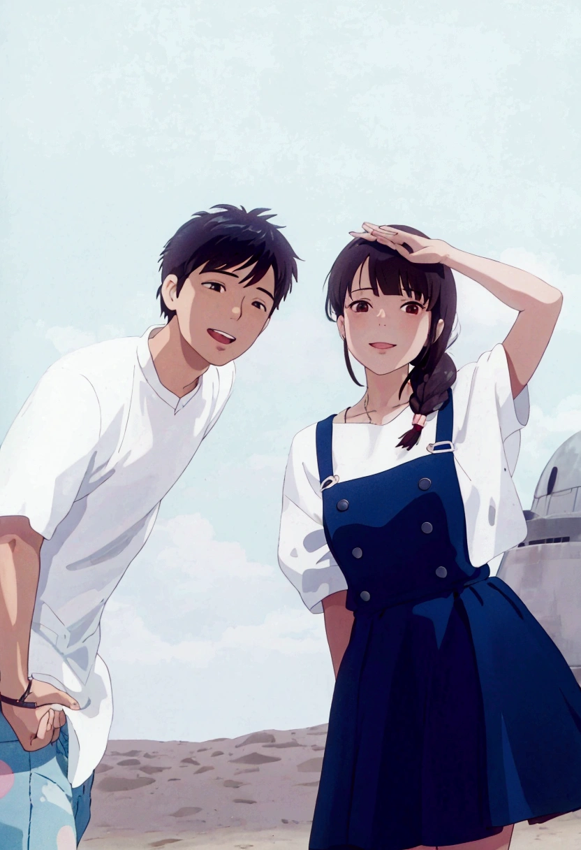 ghibli style, there are two people standing next to each other on a beach, bae suzy, lovely couple, photoshoot, jinyoung shin, official photos, jia, official, by Tadashi Nakayama, promo still, by Ni Yuanlu, romantic lead, โค๐ฅ๐๐ช, yan, daoshi, fan favorite, by Ni Tian, couple pose, ji-min, smile