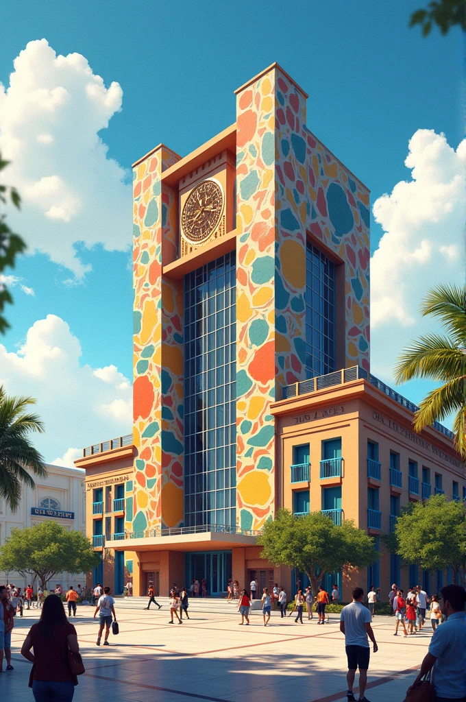 A drawing of the University of the Arts of Guayaquil that represents joy,innovative and creative algorithm, The main theme is the building and it has to represent architecture with art and the building must be in front and it is semi-realistic 