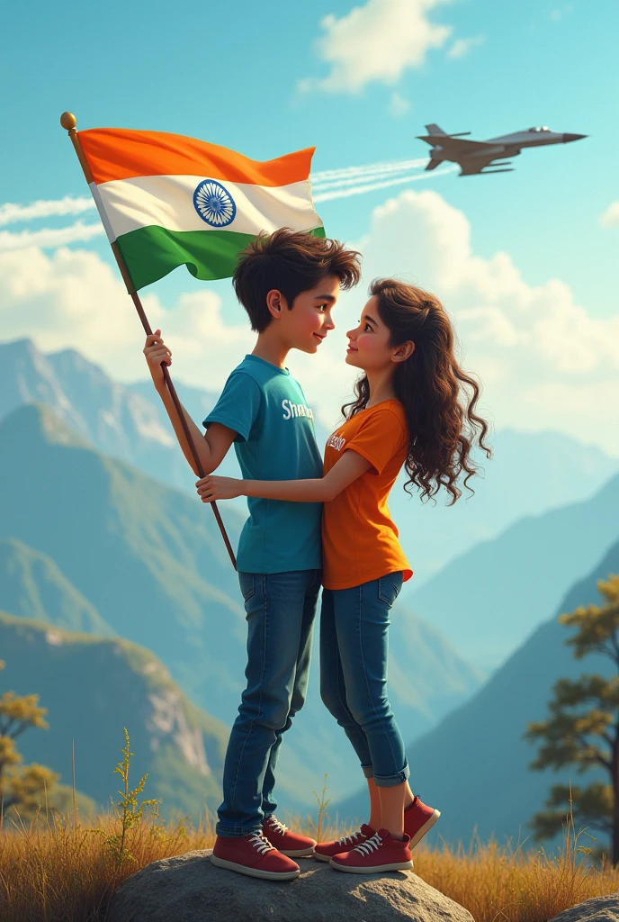 Twoo a small children and the background is mountain and one Indian flag, morning view , realistic photography
