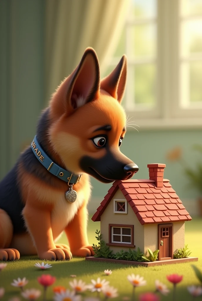 A cute 2 year old German shepherd dog holding on to a mini House with his head rested on the top of the house , with a lot of love and care and as though trying to protect it , with a collar on his neck with his name "shade" written on the collar and"cottage" written on the mini house
