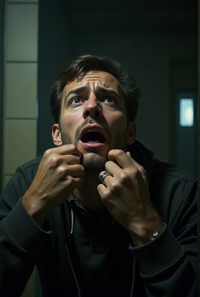 (photorealism: 9:16) A man has his mouth shut by another and is left wide-eyed