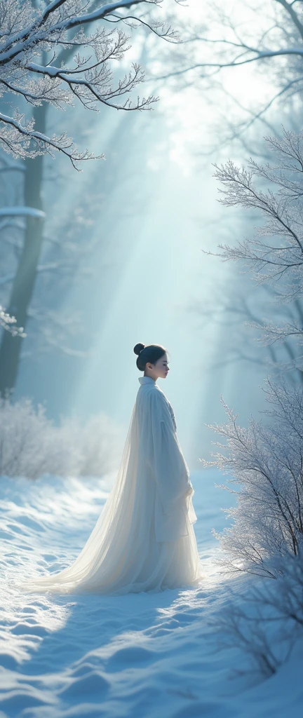 at winter season,Oyuki,snow landscape,Rime,rays of sunshine,thin fog,Dingdall effect,super-fine,tmasterpiece,8K,depth of fields,ultra - detailed,Meticulous portrayal,Ultra photo realsisim,Hyper-realistic, (mysterious fog:1.1)