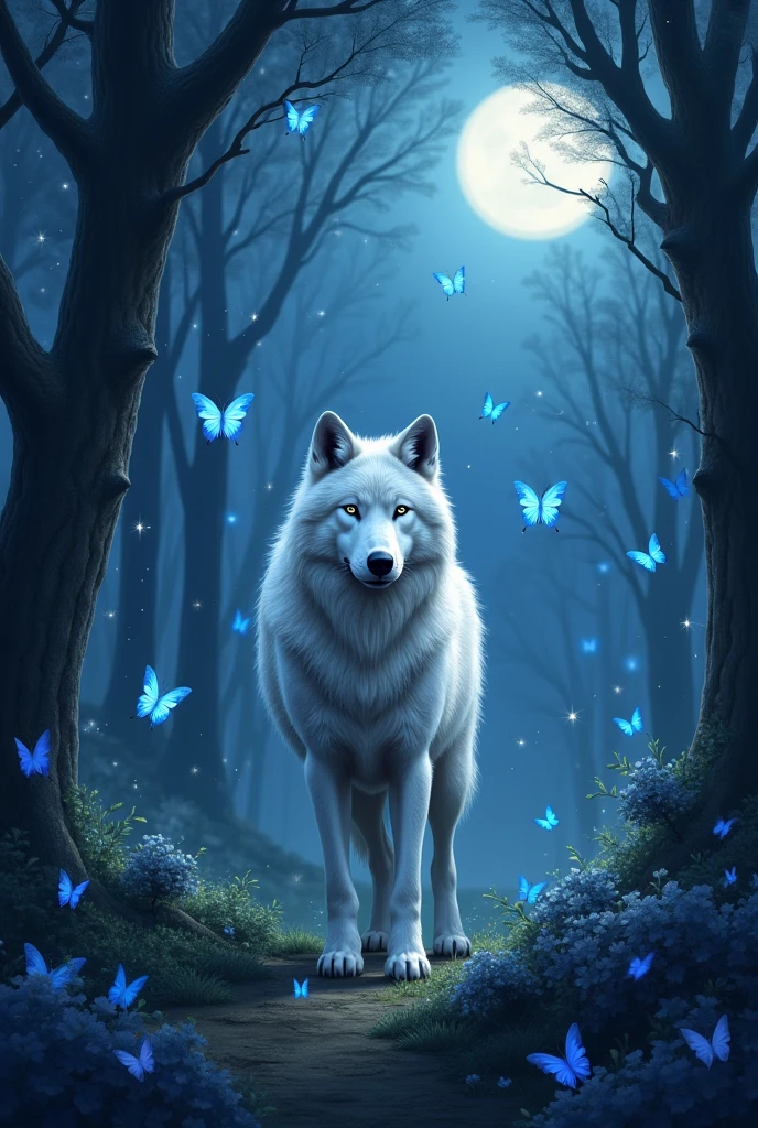 Starry night with full moon in a forest with a white wolf and blue butterflies