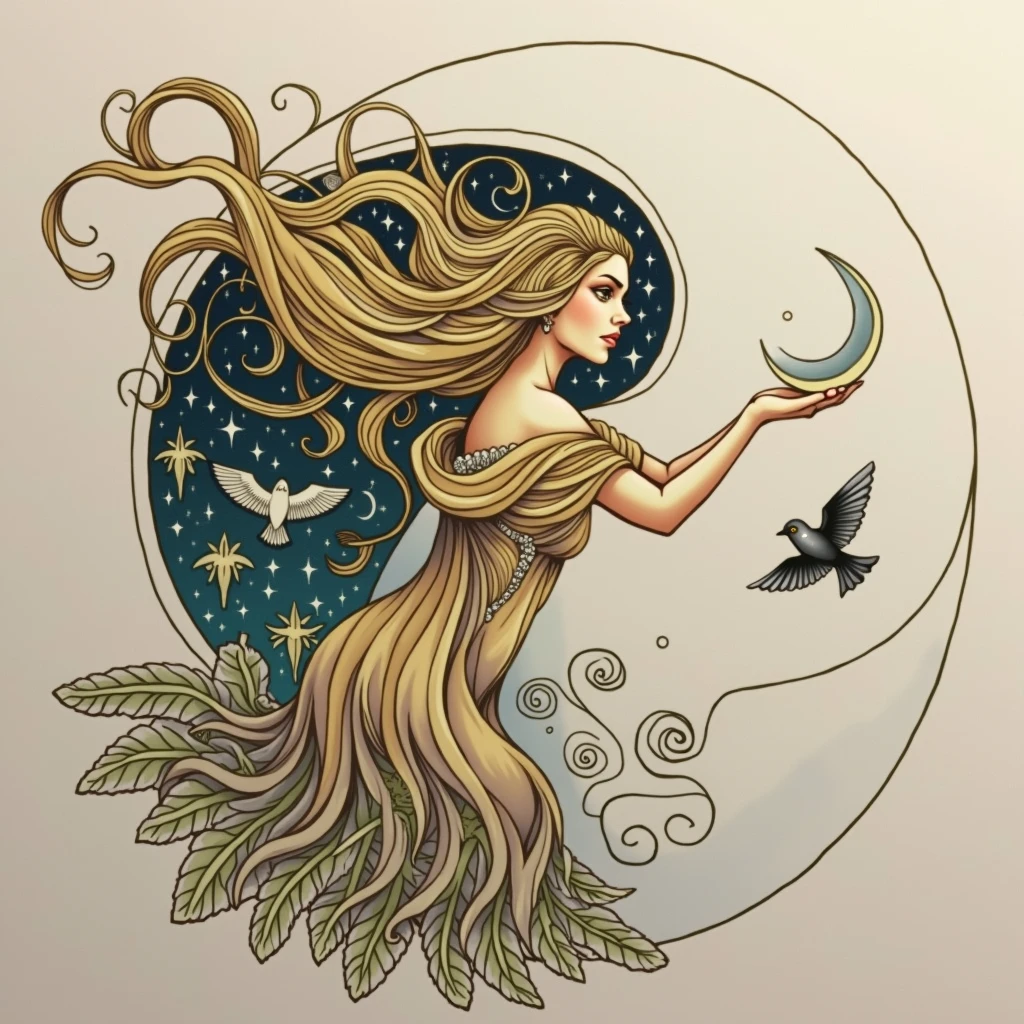 Imagine a moon goddess with long, flowing hair in the Art Nouveau style, flowing in elegant curves and spirals. Her body may be partially enveloped in a flowing dress, with floral details and leaves, in harmony with the Art Nouveau aesthetic. She holds a crescent moon in one hand, with the other hand extended, surrounded by stars and stylized clouds.
The neo-traditional style would come in with bold lines and a vibrant color palette, like deep blues, Golden and silver, to highlight the details of the night sky and the moon. The goddess's face may have a serene expression, with piercing eyes, and around her, elements like birds or nocturnal animals (owls, bats) in a darker style, maintaining the neo-traditional essence.
The result would be a fusion between the fluidity and delicacy of Art Nouveau with the structure and visual impact of neo-traditional., creating a unique piece full of symbolism