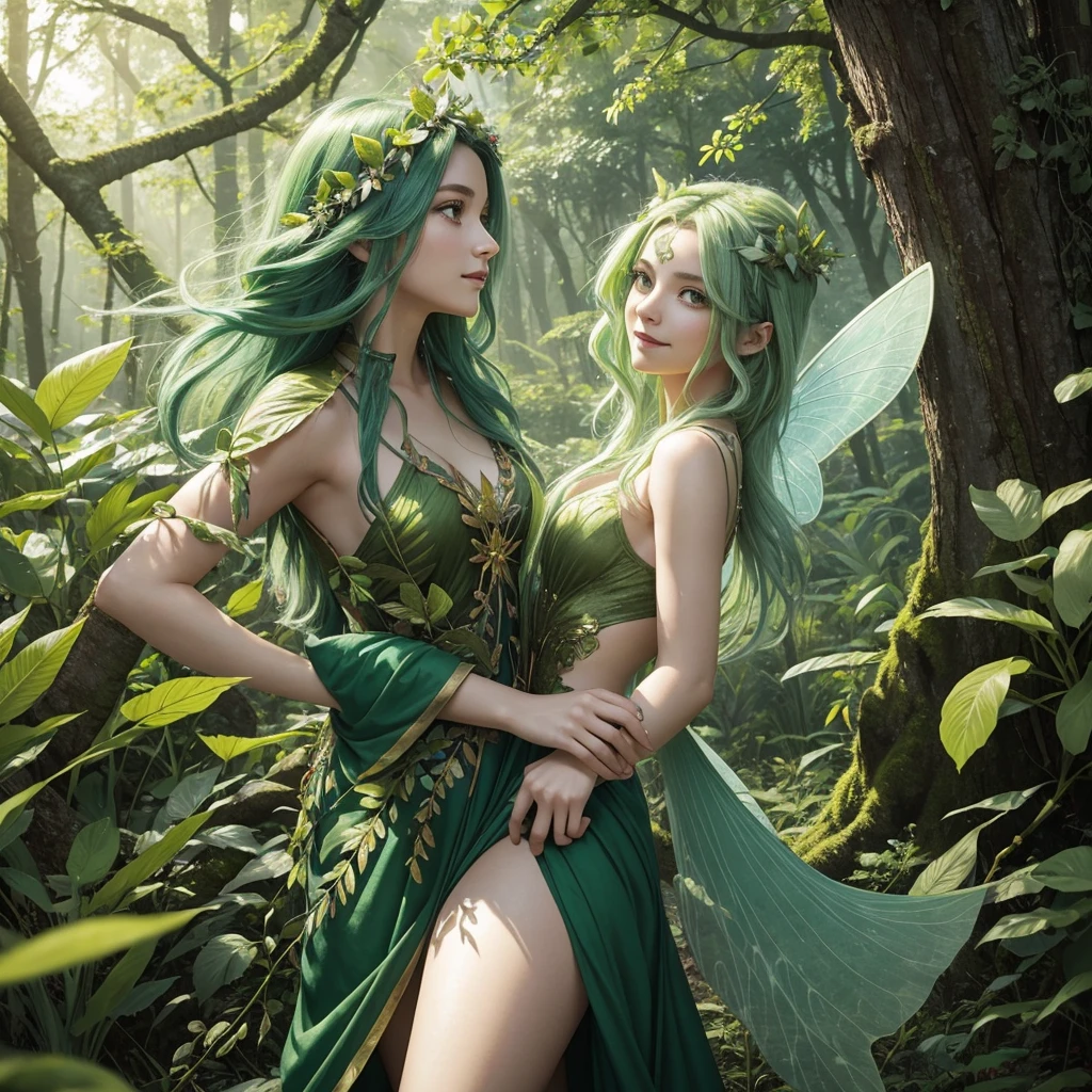 "The Leaf Fairy is a mystical creature with a deep connection to nature and the wind. She has flowing green hair, delicate wings resembling leaves and flowers, and eyes that radiate the life force of nature. Though she appears to be in her early twenties, her actual age is unknown, which adds to her enigmatic aura. She wears modest, plant-based clothing, emphasizing her close connection to the earth. Her hair is short, and her expression depicts a bright, broad smile. New Leaf Fairies emerge from the ancient trees and fertile earth of lush forests, continuing the cycle of life in harmony with the natural world."
