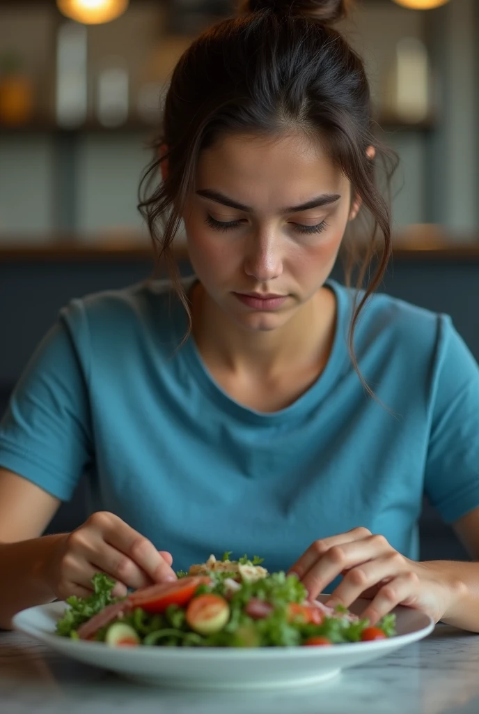 A Argentinian girl in her 30s, wearing blue tshirt, eating a plate of salad and ham. She gives the impression of being a bit lost in life. ((Cinematic lens effect))