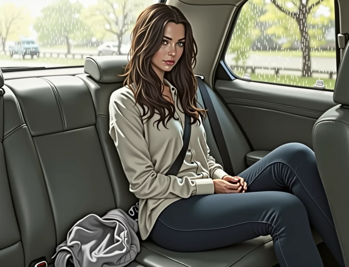 Brunette woman sitting in the back seat of a car, rainy day,