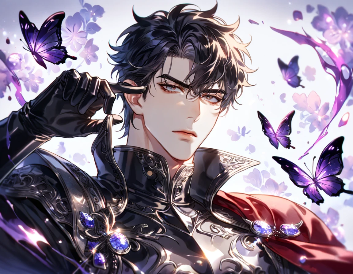 absurdres, highres, ultra detailed, HDR) master piece, best quality, extremely detailed, delicated features, Yoo Joonghyuk, black hair, expressive gray eyes, Omniscient Reader's Viewpoint, solo, sexy man, handsome, sensual, red cape, black armor, knight, black gauntlets, fantasy, magical, glittering, shining, purple flames, purple moon, purple flowers, purple butterflies