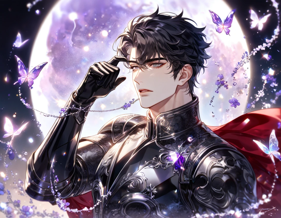 absurdres, highres, ultra detailed, HDR) master piece, best quality, extremely detailed, delicated features, Yoo Joonghyuk, black hair, expressive gray eyes, Omniscient Reader's Viewpoint, solo, sexy man, handsome, sensual, red cape, black armor, knight, black gauntlets, fantasy, magical, glittering, shining, purple flames, purple moon, purple flowers, purple butterflies