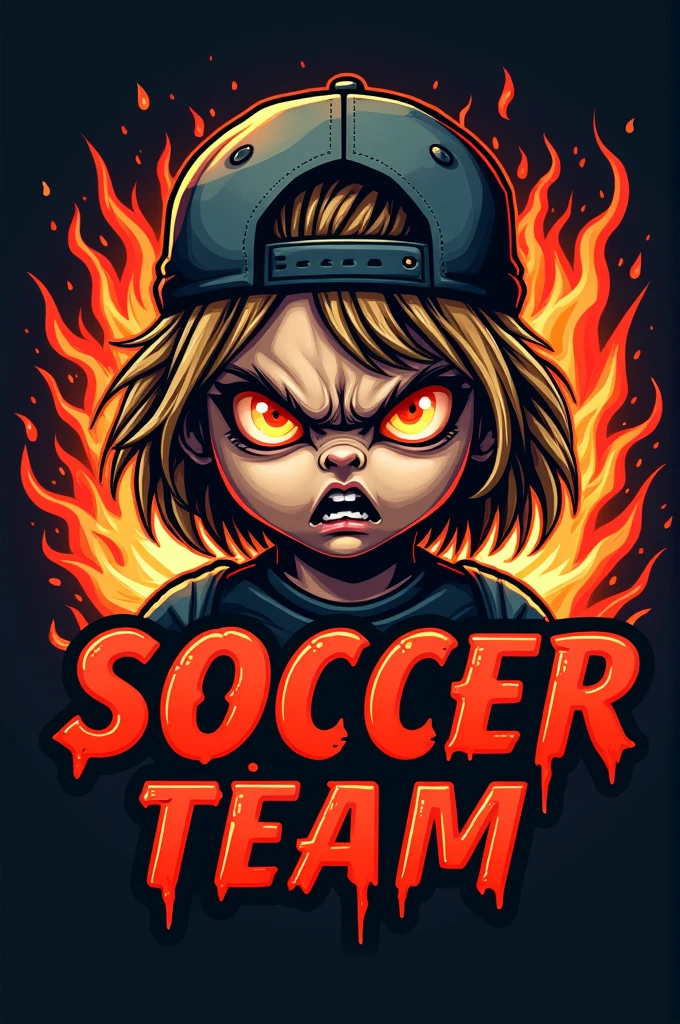 Make an image of a doll , with a backwards cap, eyes blazing with anger, for a soccer team logo