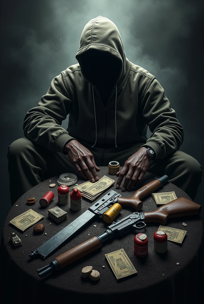 a store counter with weapons, drugs, a glass of purple drink, 