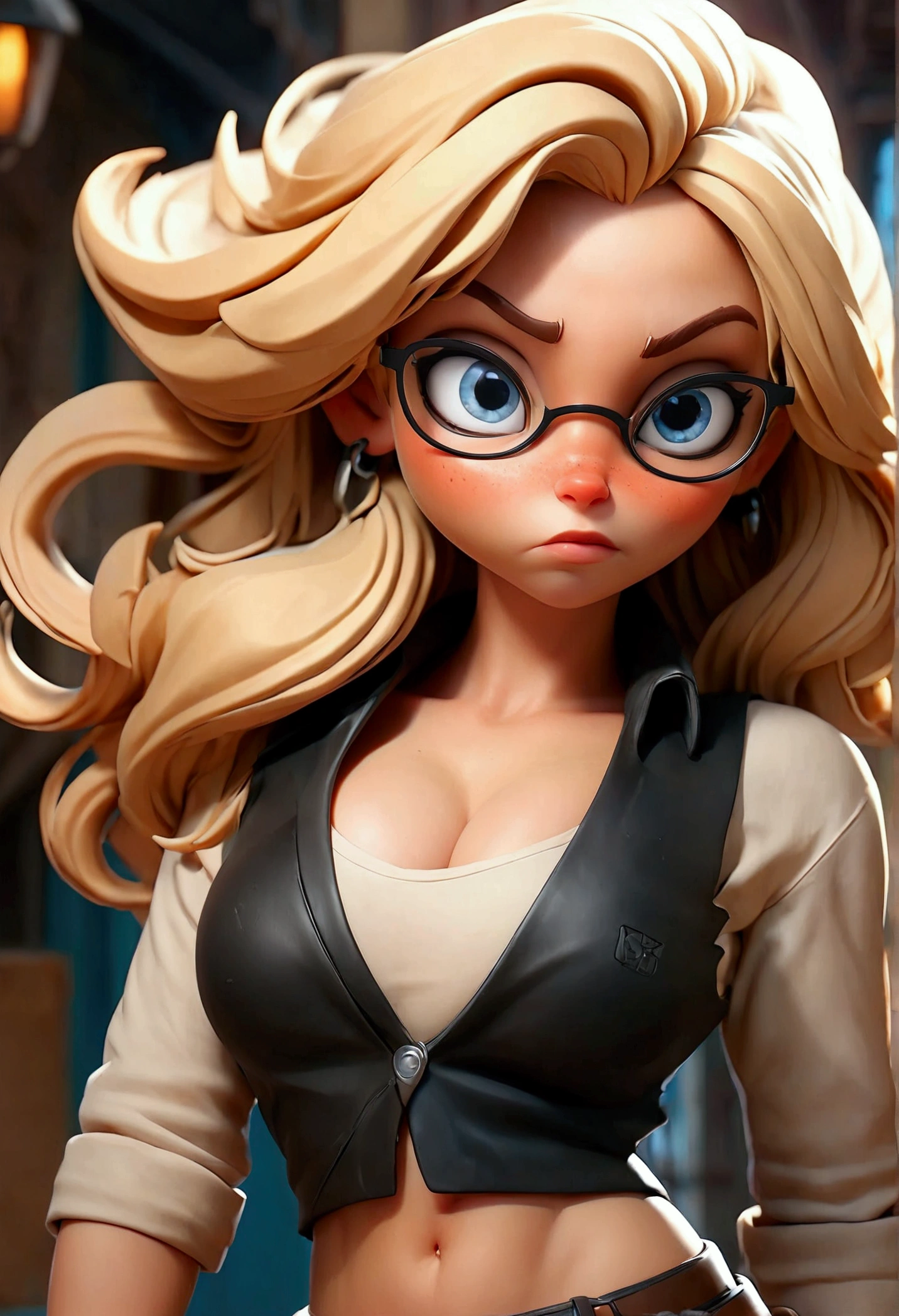(Best quality, high resolution: 1.2), Ultra-detailed, (Realistic: 1.37) medium blonde hair, blue eyes, with black glasses round small chest, 30 years, full body, brown leather cowgirl ((big boobs sexy)((topless nude with just vest leather)))