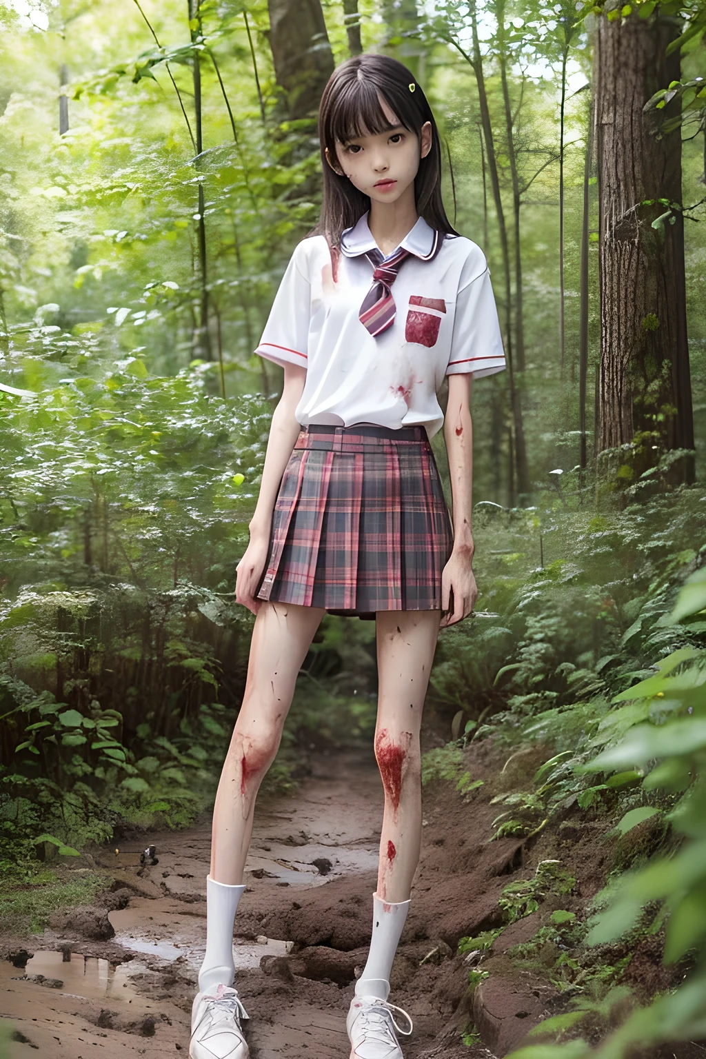 (8K、RAW Photos、highest quality、masterpiece:1.2), (Realistic、Photorealistic:1.2), (High resolution skin:1.1), Beautiful young girl,japanese, 13 years old,small breasts,(Slender girl:1.3),(Thin legs:1.4),plaid short skirt,school uniforms, (White socks), Short sleeve,sneakers, whole body,forest,standing,(muddy),(wounds,bloody legs:1.4)