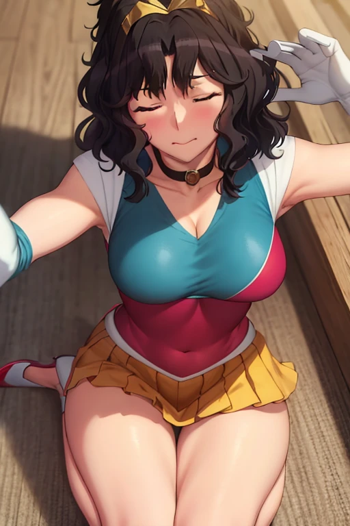 masterpiece, high definition, best quality, rendered art, well formed hands, fingers and body, 1 woman, solo, Kaoru Tanamachi, 31 years old, adult, grown up, wearing Sailor Moon's outfit, large and big breasted, cleavage, full body, sexy sailor senshi uniform, short blue skirt, panties peek, lifted skirt, red boots, gorgeous hips, sexy and bare legs and thighs,,white elbow gloves, sailor collar, tiara, earrings,ryona,in peril, she is defeated, knocked out, passed out, closed eyes, fainting, exhausted, unconscious, laying down on the sand, extended exposed body, full body on the sand, breathing heavily, sexy smirk on her face, bouncing breasts, sexy defeated and KOpose, defeat and KO scene, fallen beauty, martial arts tournament with beach environment.
