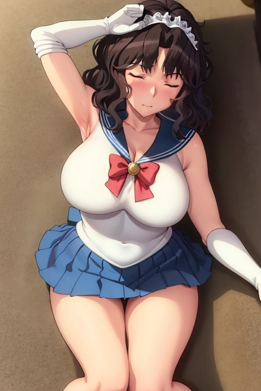 masterpiece, high definition, best quality, rendered art, well formed hands, fingers and body, 1 woman, solo, Kaoru Tanamachi, 31 years old, adult, grown up, wearing Sailor Moon's outfit, large and big breasted, cleavage, full body, sexy sailor senshi uniform, short blue skirt, panties peek, lifted skirt, red boots, gorgeous hips, sexy and bare legs and thighs,,white elbow gloves, sailor collar, tiara, earrings,ryona,in peril, she is defeated, knocked out, passed out, closed eyes, fainting, exhausted, unconscious, laying down on the sand, extended exposed body, full body on the sand, breathing heavily, sexy smirk on her face, bouncing breasts, sexy defeated and KOpose, defeat and KO scene, fallen beauty, martial arts tournament with beach environment.
