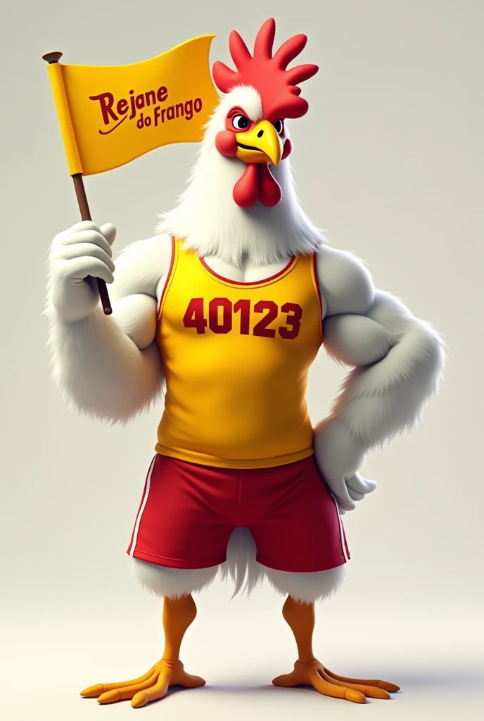 I want a drawing of a semi-realistic, muscular white chicken from the waist up, smiling, wearing a yellow shirt with the number 40123 in red on it, and red shorts, holding a yellow flag with the name Rejane do Frango